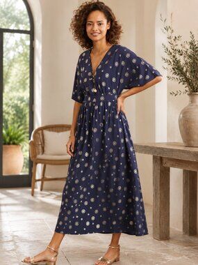 NWT Boden Rosie Maxi Dress Navy with Shimmering Gold-Foil Print Sz 10R